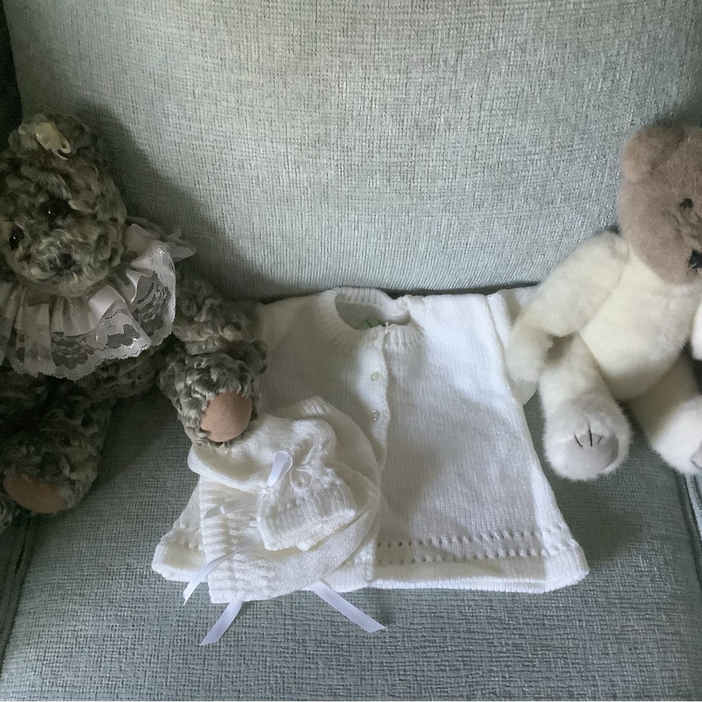 NWT! White Baby Cardigan, Booties, and Hat Set.